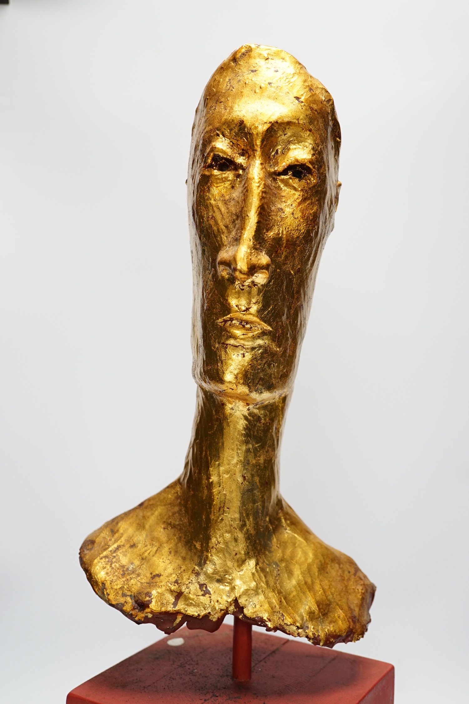 Simon Toone (b.1967), a gilt plaster model of a gentleman’s head on wooden stand, 57cm total